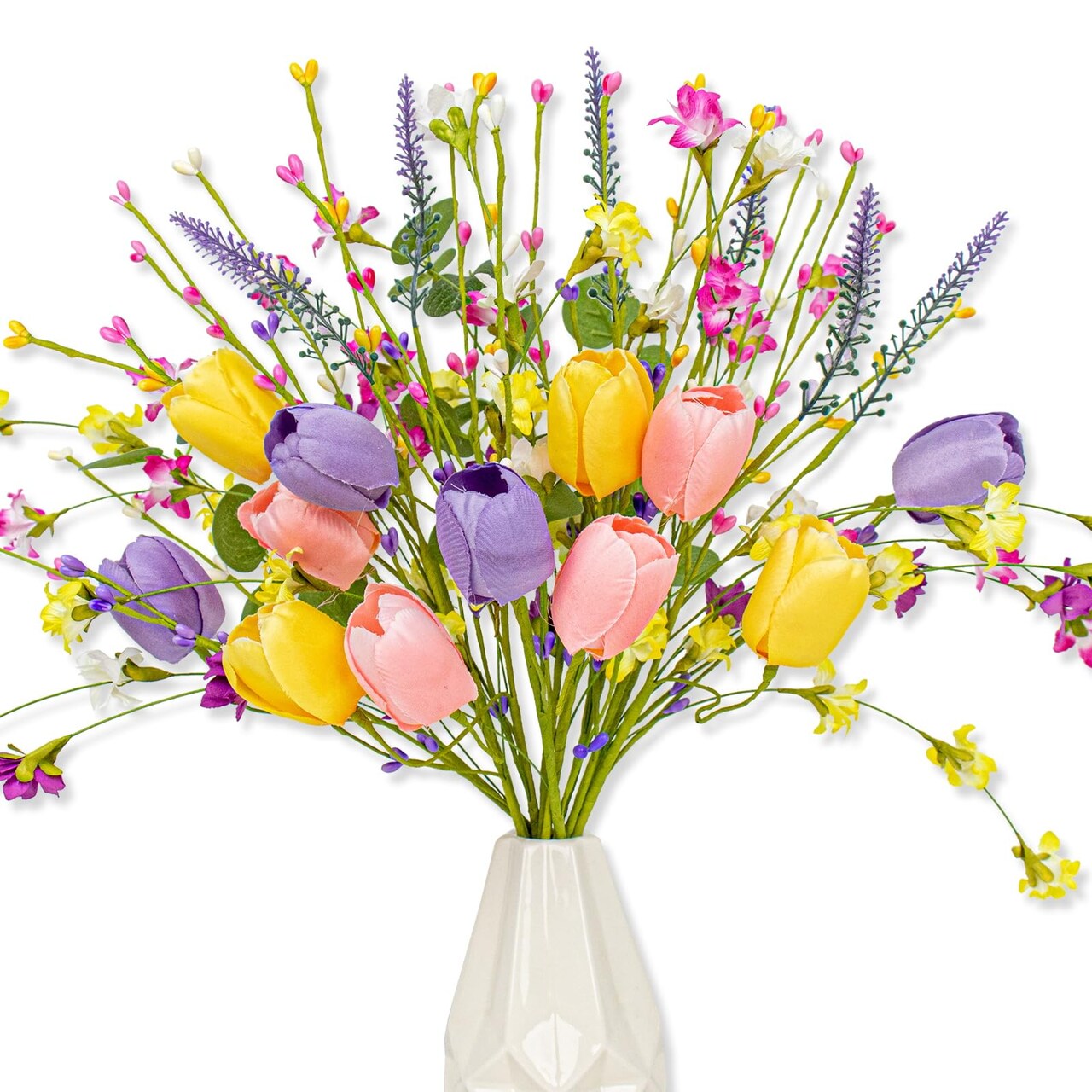 Artificial Spring Flowers 12 Pack Spring Flower Stems 17 Inch Floral Picks with Pink Yellow Purple Tulips Wildflowers for Centerpieces Vases Floral Arrangements Summer Easter Decor